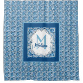 Elegant bloemenaqua Blauw geel monogram Douchegordijn (Voorkant)