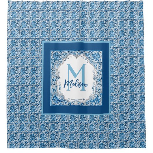 Elegant  bloemenaqua Blauw geel monogram Douchegordijn (Voorkant)