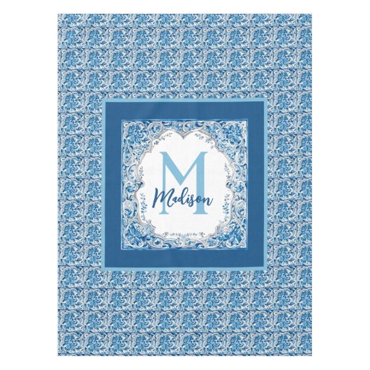 Elegant  bloemenaqua Blauw geel monogram Tafelkleed (Voorkant)