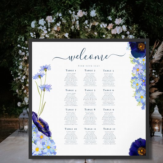 Elegant Bloemenblauw Bruiloft 12 Tafel Zitkaart Poster