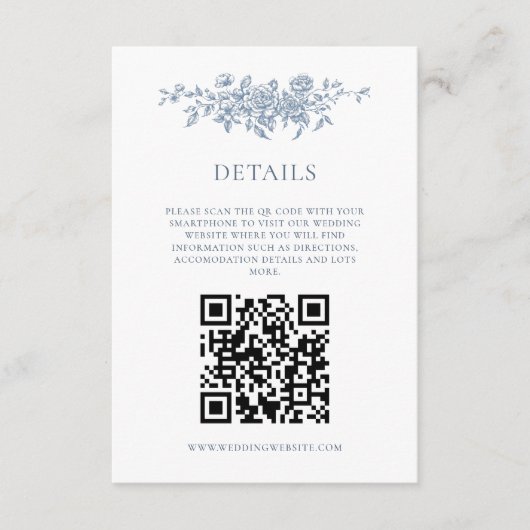 Elegant  Bloemenblauw Bruiloft QRcode Details Informatiekaartje (Voorkant)