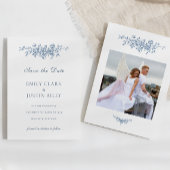 Elegant  Bloemenblauw Foto Save the Date Kaart
