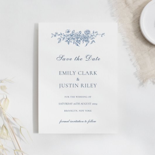 Elegant  Bloemenblauw Save the Date Bruiloft Kaart