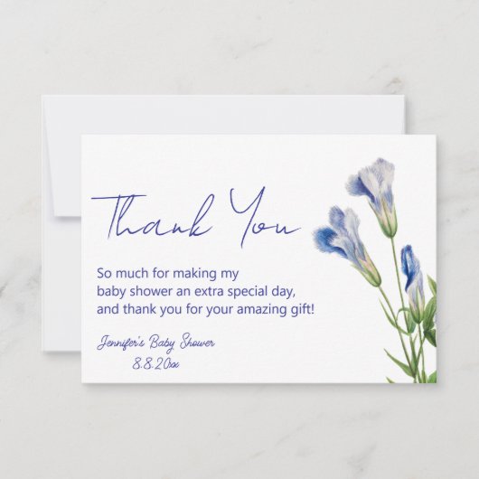 Elegant bloemenblauw script baby shower bedankkaart (Voorkant)
