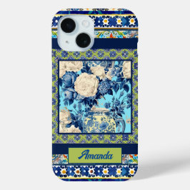 Elegant bloemenblauw tegel chinoiserie monogram iPhone 15 case