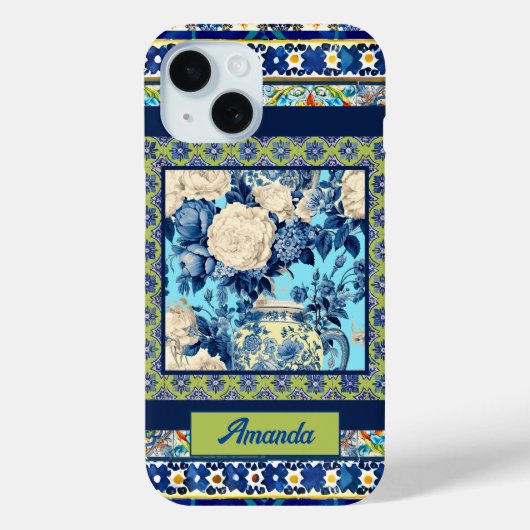 Elegant bloemenblauw tegel chinoiserie monogram Case-Mate iPhone case (Achterkant)