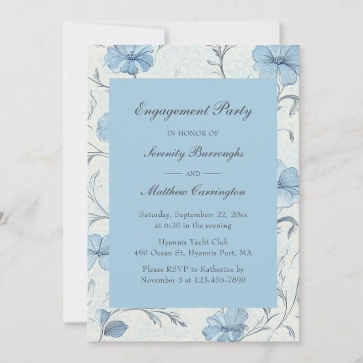 Elegant Bloemenblauw  Tuin Verloving Kaart (Voorkant)