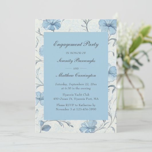 Elegant Bloemenblauw  Tuin Verloving Kaart (Staand voorkant)