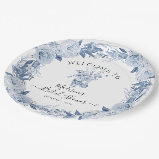 Elegant Bloemenblauw Wit Welkom Vrijgezellenfeest Papieren Bordje (Gekanteld)