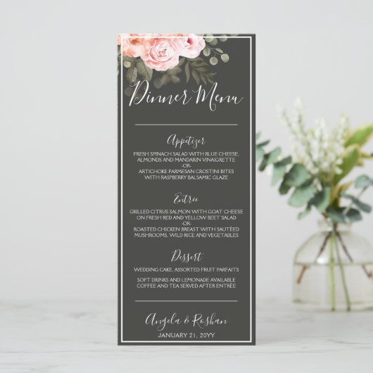 Elegant bloemenblush roze botanisch modern diner menu (Staand voorkant)