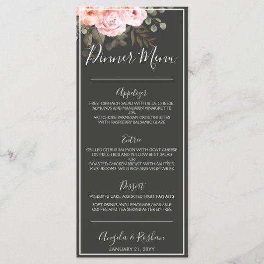 Elegant bloemenblush roze botanisch modern diner menu (Voorkant)