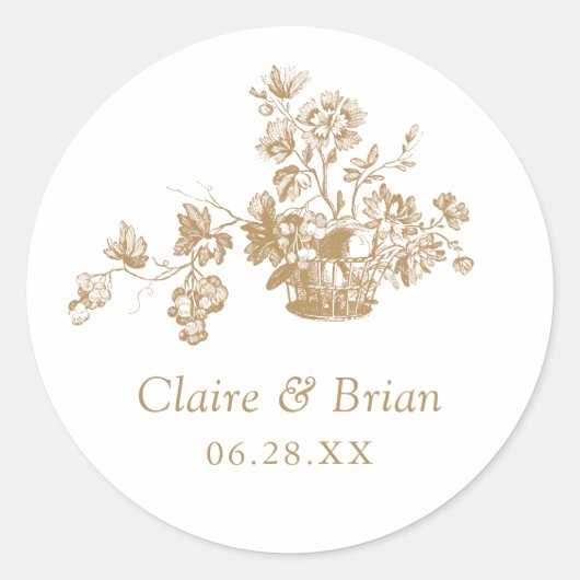 Elegant Bloemenboeket in een Mand Bruiloft Ronde Sticker (Voorkant)