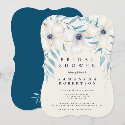 Elegant bloemenboeket oceaanblauw vrijgezellenfees kaart (Voorkant / Achterkant)