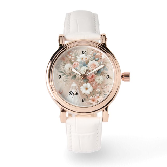 Elegant Bloemenbruidshorloge met Roos Gouden Accen Horloge (Voorkant)