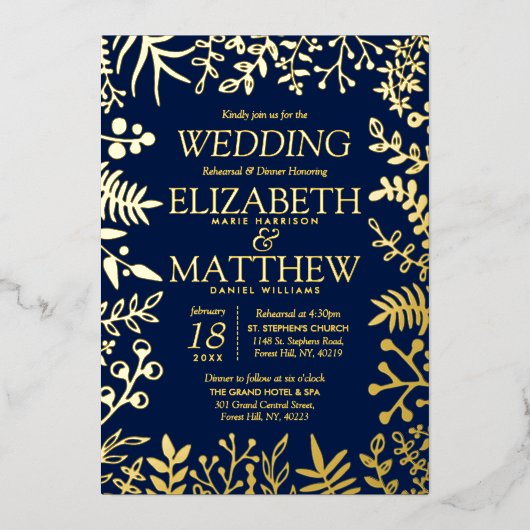 Elegant Bloemenbruiloft repetitie Diner Echt Folie Uitnodiging (Voorkant)
