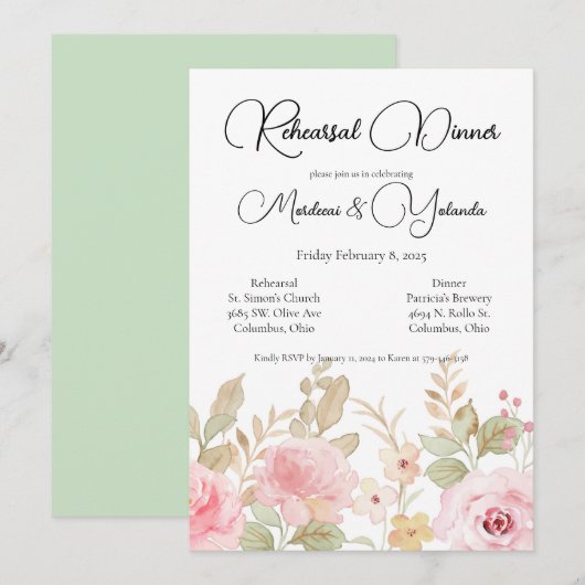 Elegant bloemenbruiloft repetitie diner kaart (Voorkant / Achterkant)