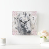 Elegant Bloemend Witte Paard Vierkante Klok (Huis)