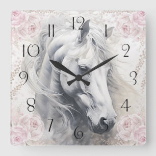 Elegant Bloemend Witte Paard Vierkante Klok