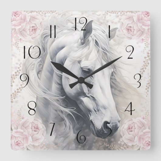 Elegant Bloemend Witte Paard Vierkante Klok (Voorkant)