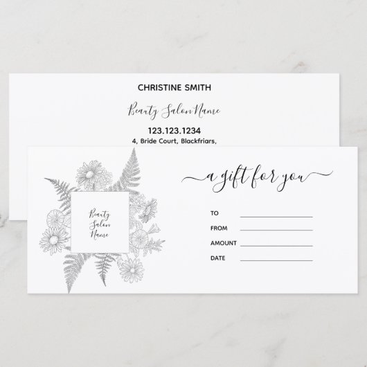 Elegant Bloemendesign Zwart en Wit Cadeaubon (Voorkant / Achterkant)
