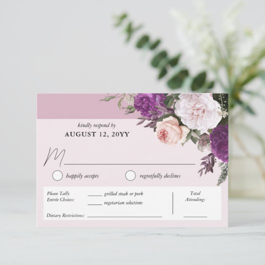 Elegant  Bloemendiner Keuze Bruiloft RSVP Kaartje (Staand voorkant)