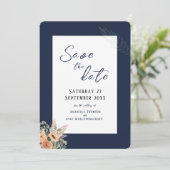 Elegant bloemendonkerblauw Save the Date platte ka (Staand voorkant)