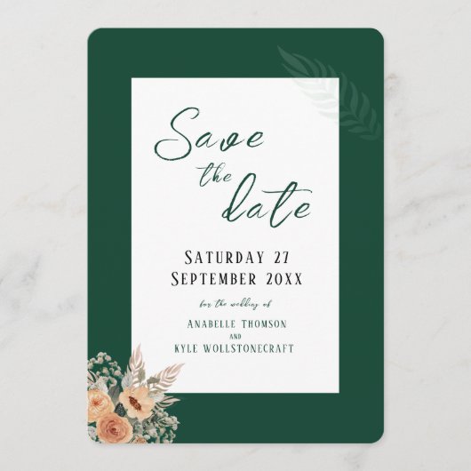 Elegant bloemendonkergroen Save the Date platte ka (Voorkant)