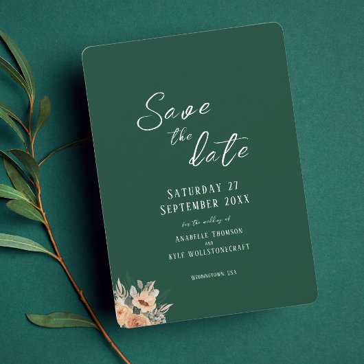 Elegant bloemendonkergroen Save the Date platte ka