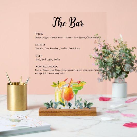 Elegant Bloemendranken Bar Menu Acryl Bord (Huwelijk)