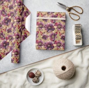 Elegant bloemengoud Bourgogne Paarse Antiek Gold Cadeaupapier