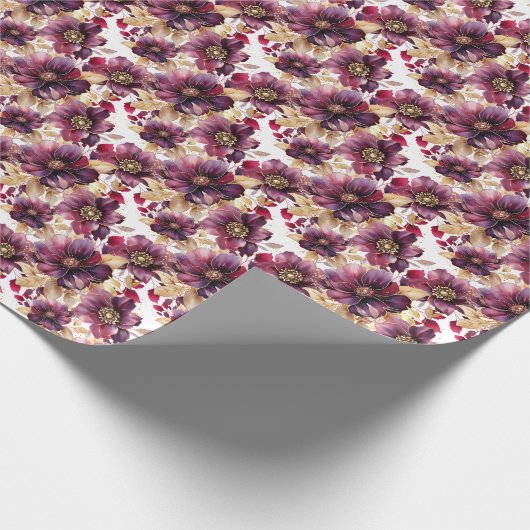 Elegant bloemengoud Bourgogne Paarse Wit Cadeaupapier (Hoek)