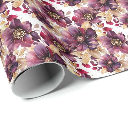 Elegant bloemengoud Bourgogne Paarse Wit Cadeaupapier (Rol Hoek)