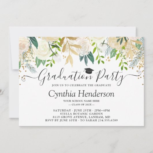 Elegant Bloemengroen Afstudeerfeest Kaart (Voorkant)
