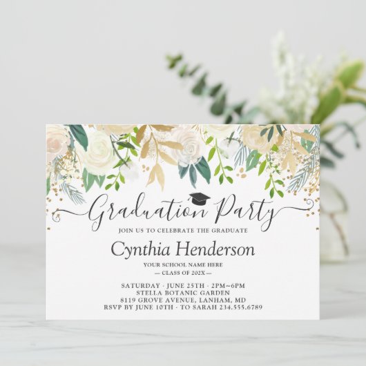 Elegant Bloemengroen Afstudeerfeest Kaart (Staand voorkant)