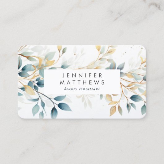 Elegant bloemengroen Blauwgroen Gold Botanical Visitekaartje (Voorkant)