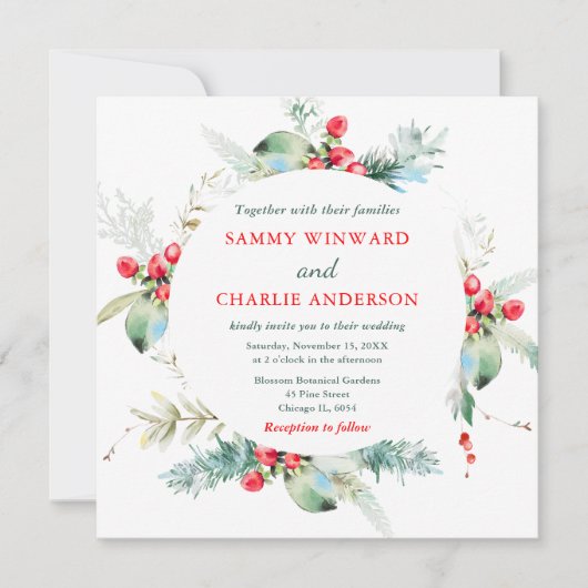 Elegant bloemengroen Winter bruiloft Kaart (Voorkant)