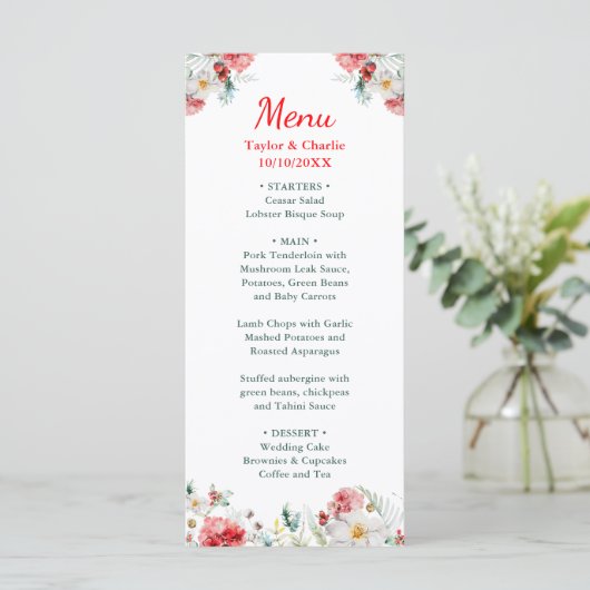 Elegant bloemengroen Winter bruiloft Menu (Staand voorkant)