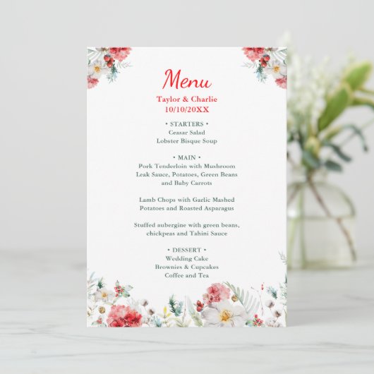 Elegant bloemengroen Winter bruiloft Menu (Staand voorkant)