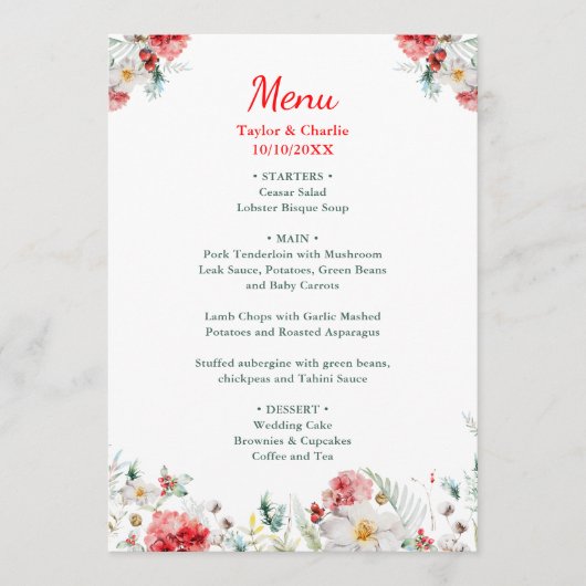Elegant bloemengroen Winter bruiloft Menu (Voorkant)