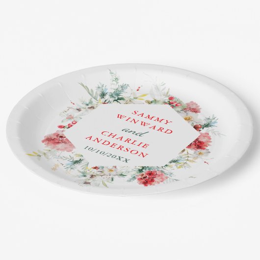 Elegant bloemengroen Winter bruiloft Papieren Bordje (Gekanteld)