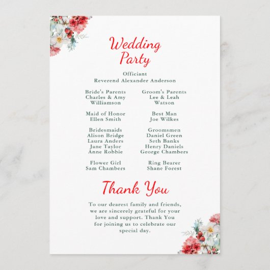 Elegant bloemengroen Winter bruiloft Programmakaart (Achterkant)