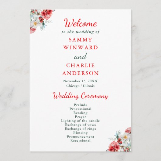 Elegant bloemengroen Winter bruiloft Programmakaart (Voorkant)