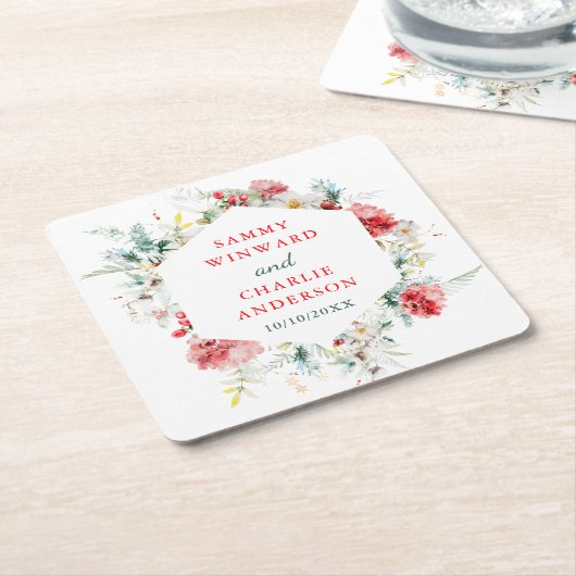 Elegant Bloemengroen Winter Bruiloft Vierkante Pap Kartonnen Onderzetters (Schuin)