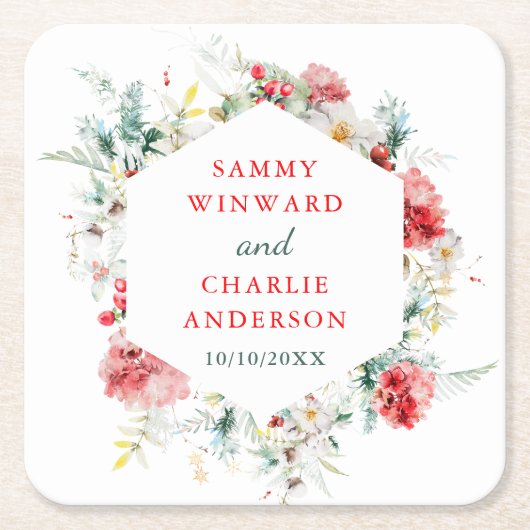 Elegant Bloemengroen Winter Bruiloft Vierkante Pap Kartonnen Onderzetters (Voorkant)