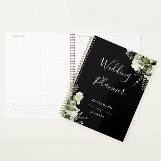 Elegant bloemengroen zwart-wit bruiloft planner (Display)