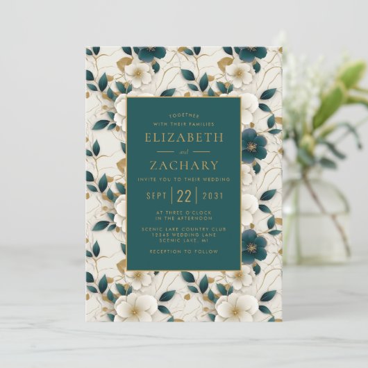 Elegant bloemenivoor donker Blauwgroen gouden brui Kaart (Staand voorkant)