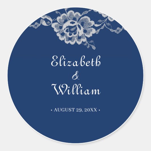 Elegant Bloemenkant op Navy Blauwe Bruiloft Ronde Sticker (Voorkant)