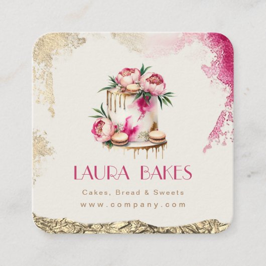 Elegant bloemenkoek ontwerp met gouden accenten vierkante visitekaartje (Voorkant)