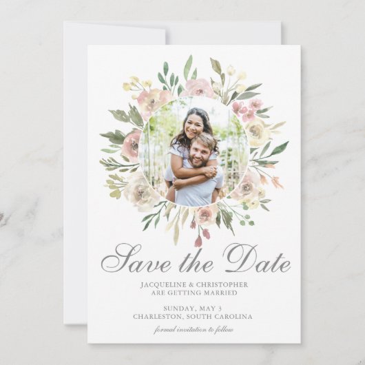 Elegant Bloemenkoppel Foto Blush Pink Save The Date (Voorkant)