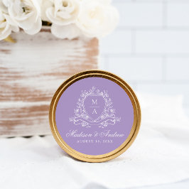 Elegant Bloemenkroon Monogram Lavendel Trouwdag Ronde Sticker